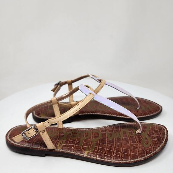 Sam Edelman Gigi Sandal Size 9.5M Iridescent T-Strap Pink Blue Snake Leather - Picture 2 of 14